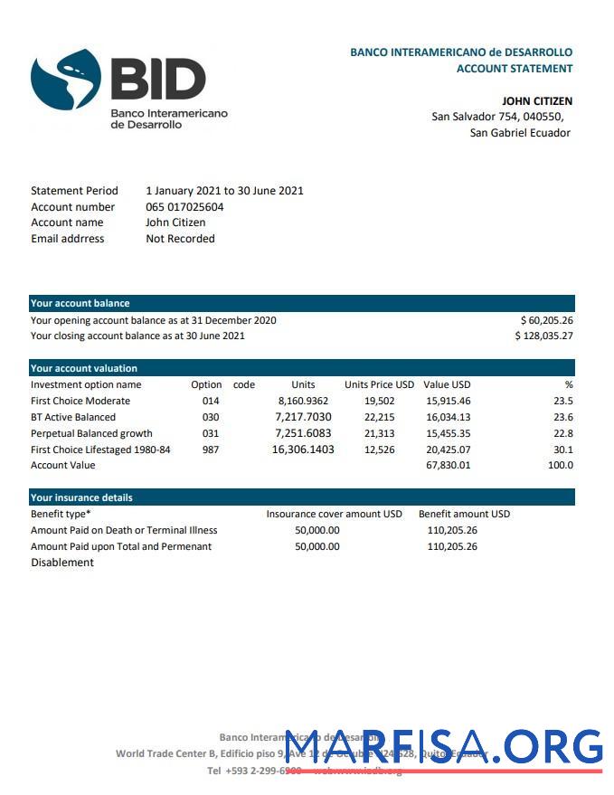 Printable Ecuador Banco Interamericano de Desarrollo BID bank statement excel real example